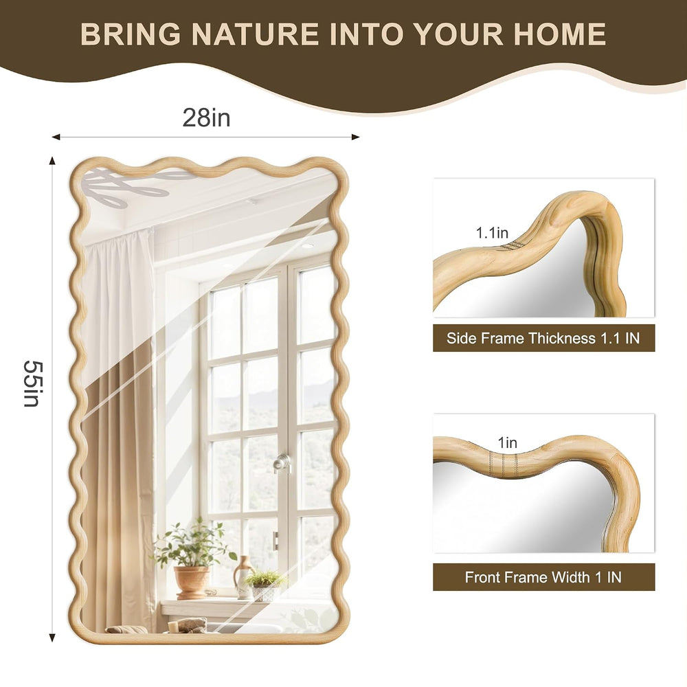 Full Length Mirror, 55”x28” Wavy Wood Floor Mirror for Wall