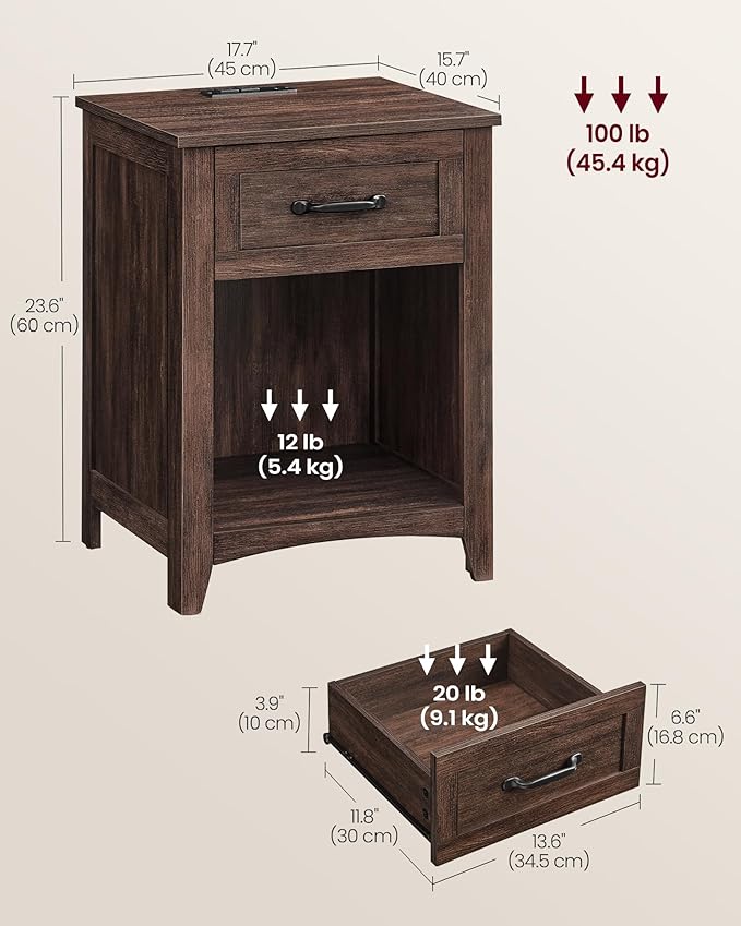 VASAGLE LIRY Collection - Farmhouse Nightstand with Charging Station, Bedside...