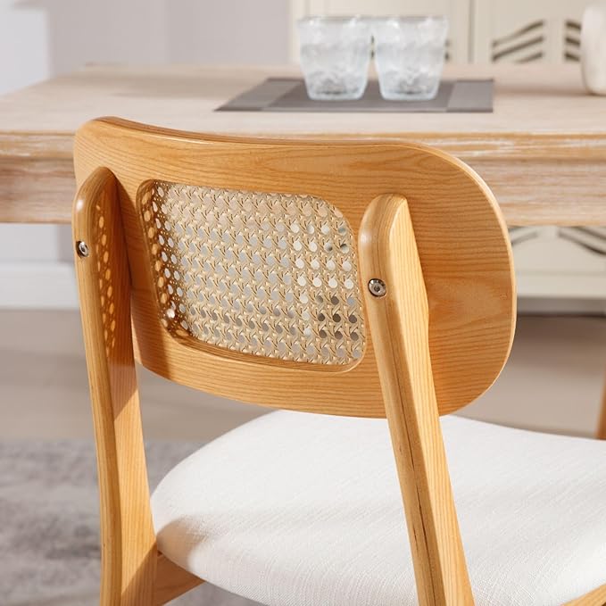 Rattan Dining Chairs Set of 2 Beige Linen Fabric Dining Room Chairs Natural W...