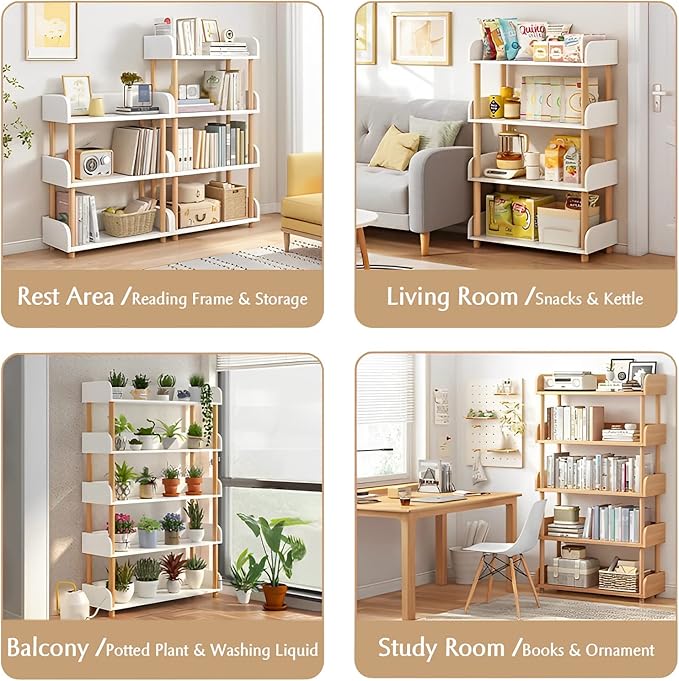 4-Tier Wooden Open Bookcase - Modern Display Bookshelf with Side Panels and S...