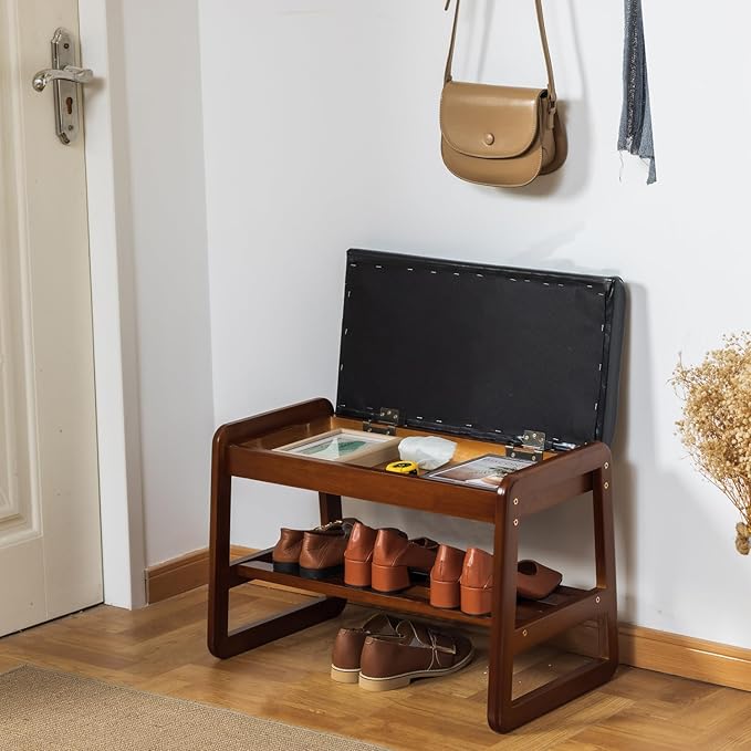 latifolia Solid Wood Bench, Entryway Shoe Bench with Cushion, Flip-Open Stora...