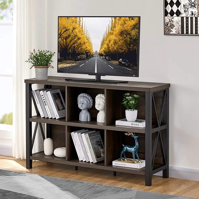 FATORRI Rustic 6 Cube Storage Organizer with Shelf, Wood and Metal Cubby Book...