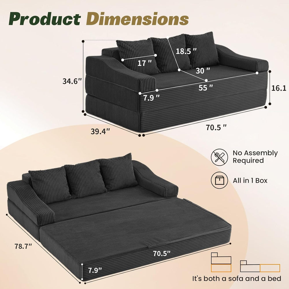 Apicizon 78.7" Folding Convertible Sofa Bed, Boneless Sleeper Sofa Couch...