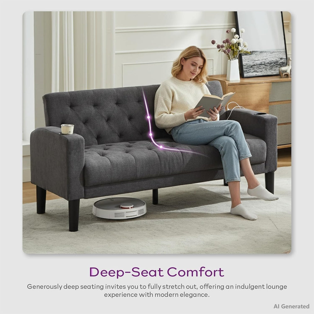 62" W Loveseat Sofa w/ 2 USB Charger Ports and 2 Cupholders