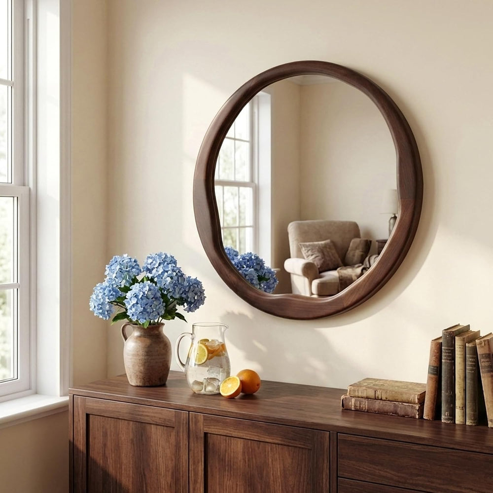 24 Inch Dark Walnut Round Wood Bathroom Mirror, Wavy Inner Edge