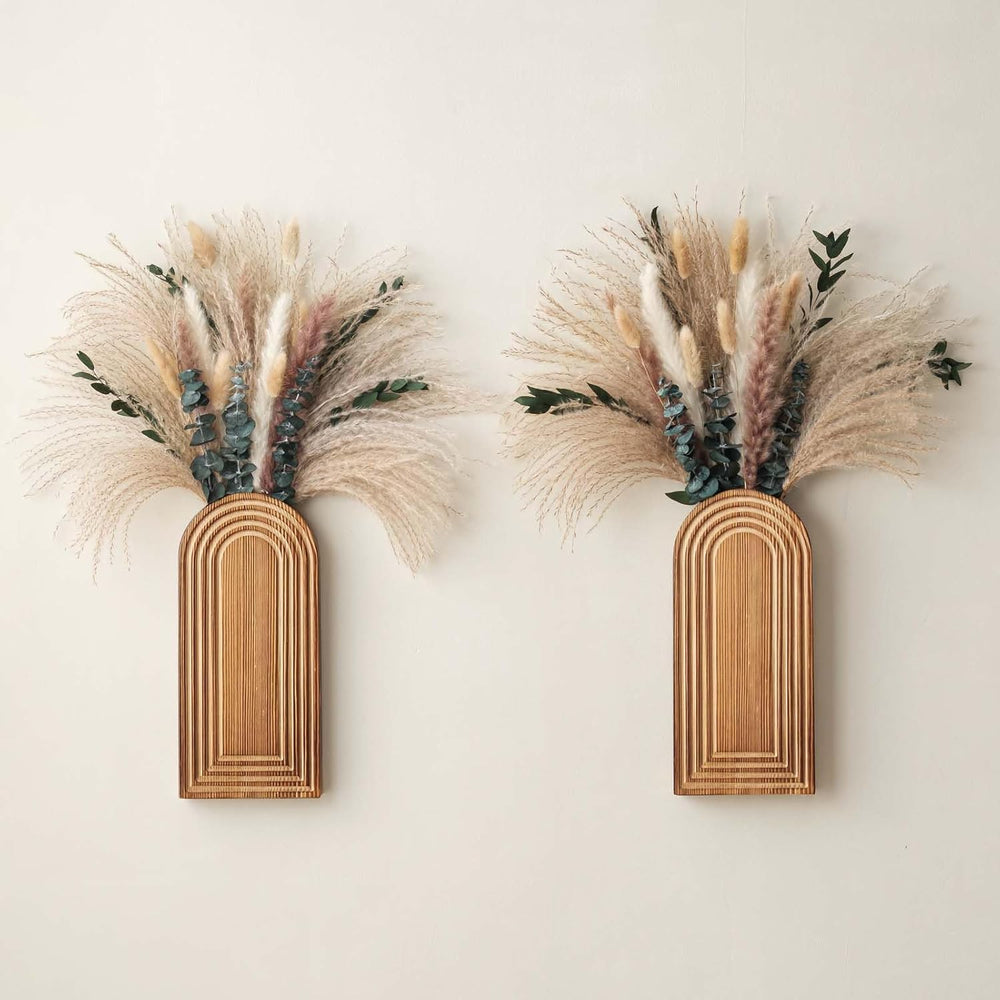 2 Pack Wooden Wall Vase Set with Pampas Grass Eucalyptus, Modern Farmhouse Bo...