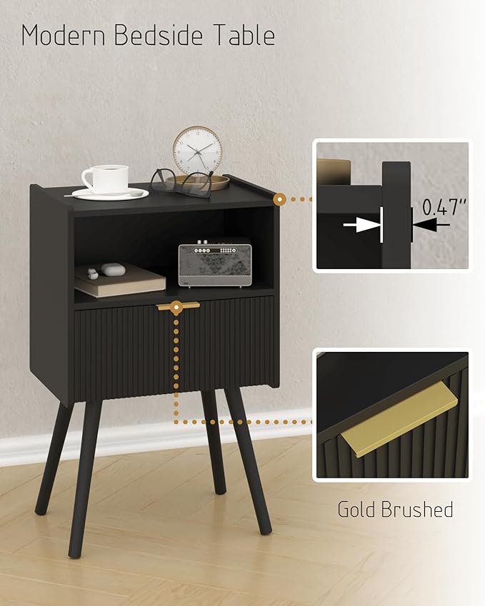 Black Nightstand,Modern Bedside Table with Storage Drawer and Open Wood Shelf...