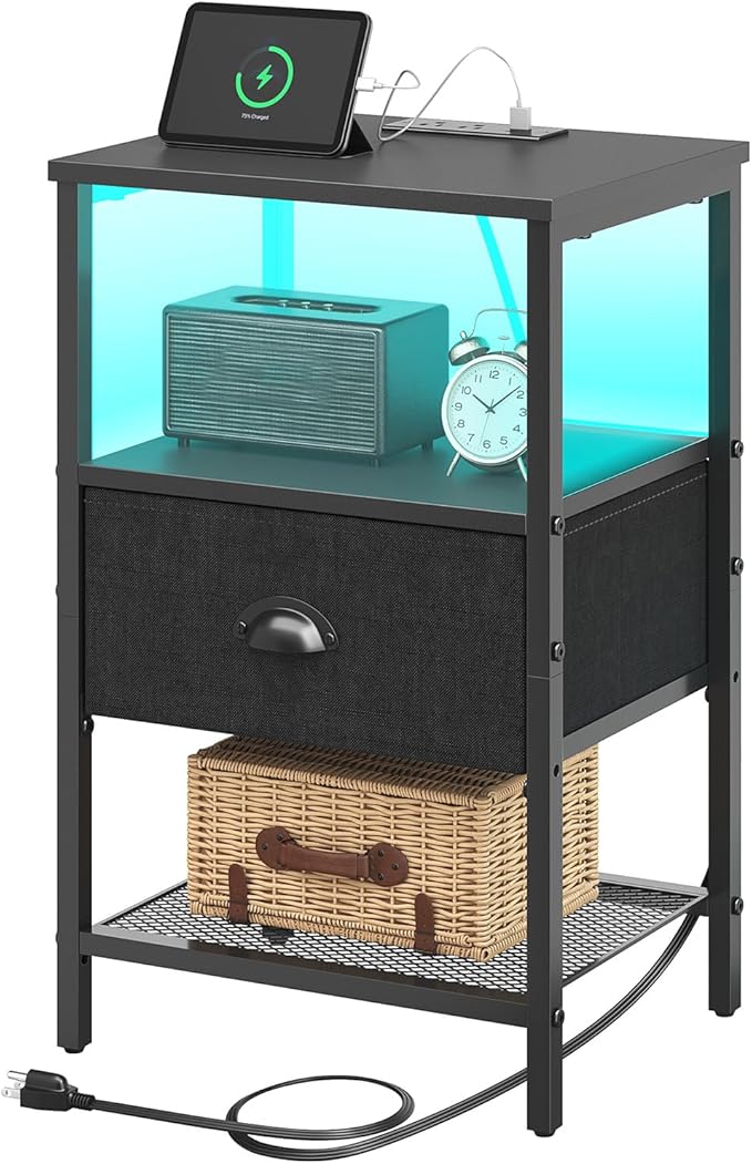 Sthmec Nightstands with Charging Station, LED Bedside Tables with Charging St...