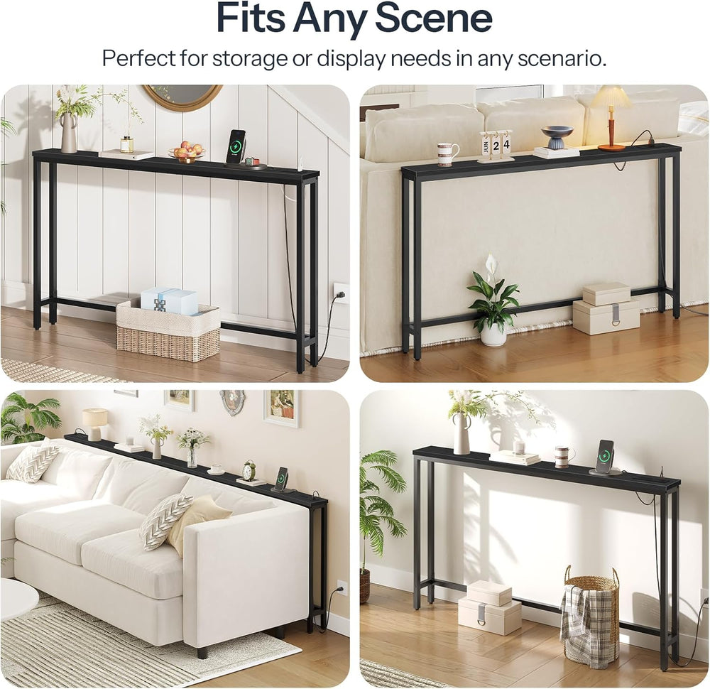 HOOBRO 55.1" Narrow Console Table with Power Outlets, 5.9" Behind C...