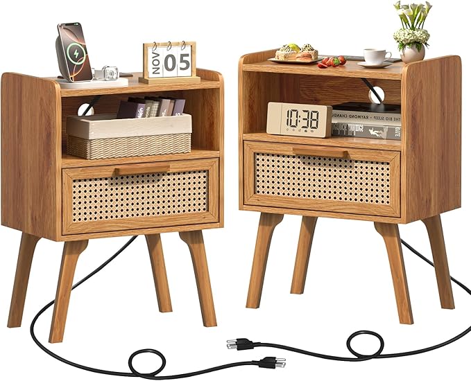 Lerliuo Rattan Nightstands Set of 2 with Charging Station, Side Table with Dr...