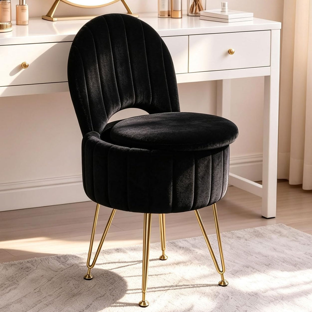 Garvee Vanity Stool Chair with Storage, Folding Back,Faux Fur,Black,Small
