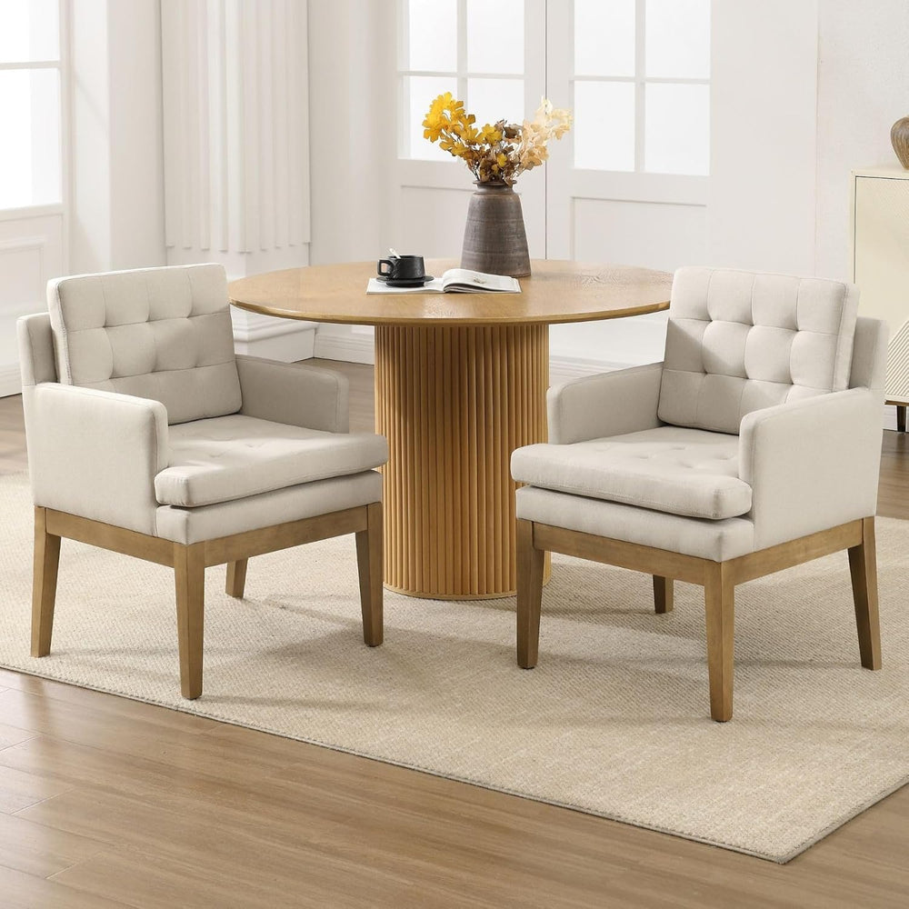 Linen Fabric Dining Chairs Set of 2, Upholstered Tufted Kitchen Room Chairs w...