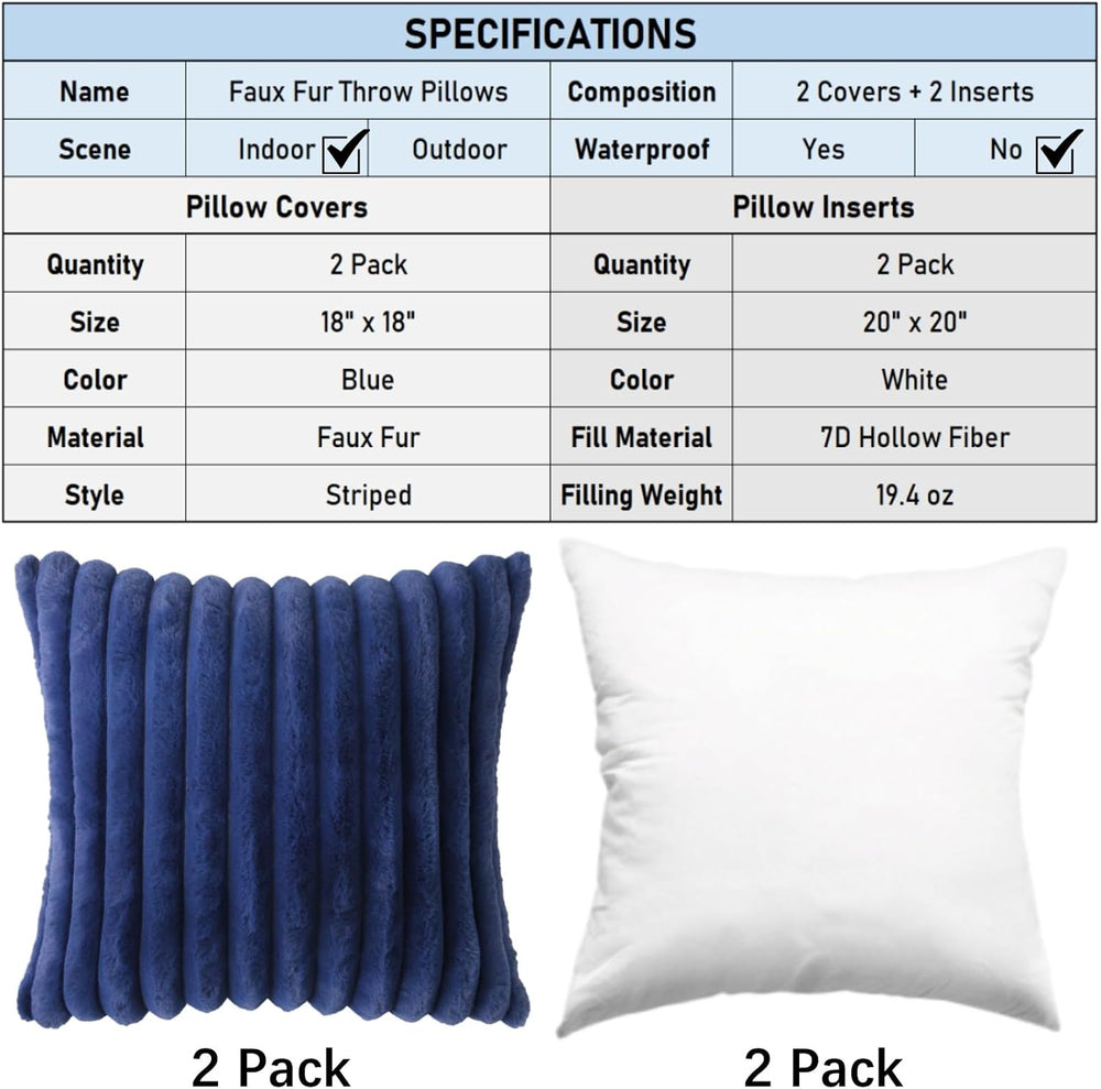 Decorative Throw Pillow with Inserts, Set of 2 Soft Faux Fur Throw Pillows, S...