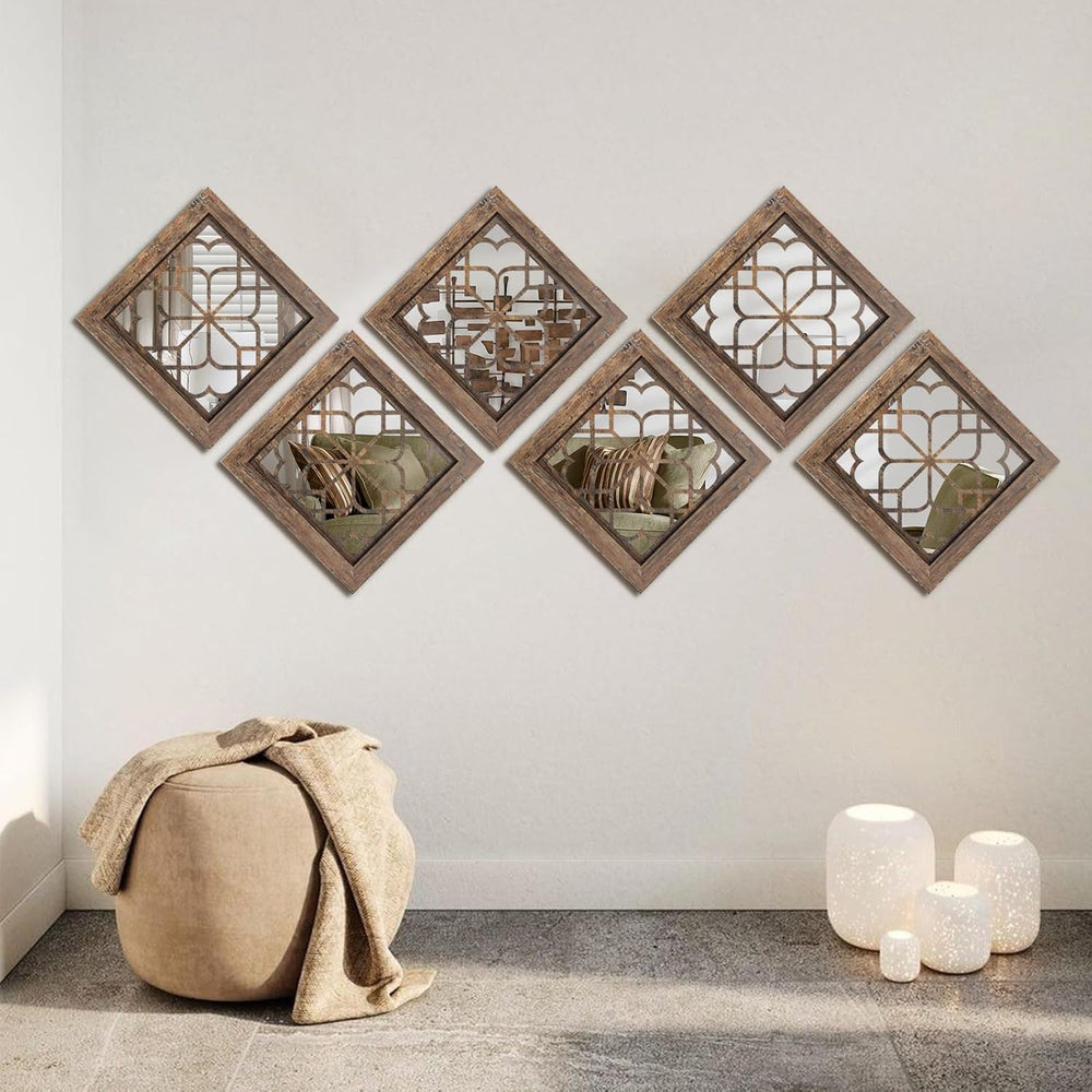 Set of 4 Boho Wall Mirrors with Carved Floral Design, 12x12 Inch Rustic Farmh...
