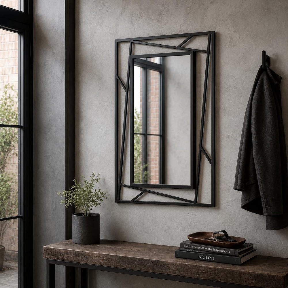 Black Geometric Wall Mirror, 36 x 24 Inch Decorative Metal Framed Bathroom Mi...