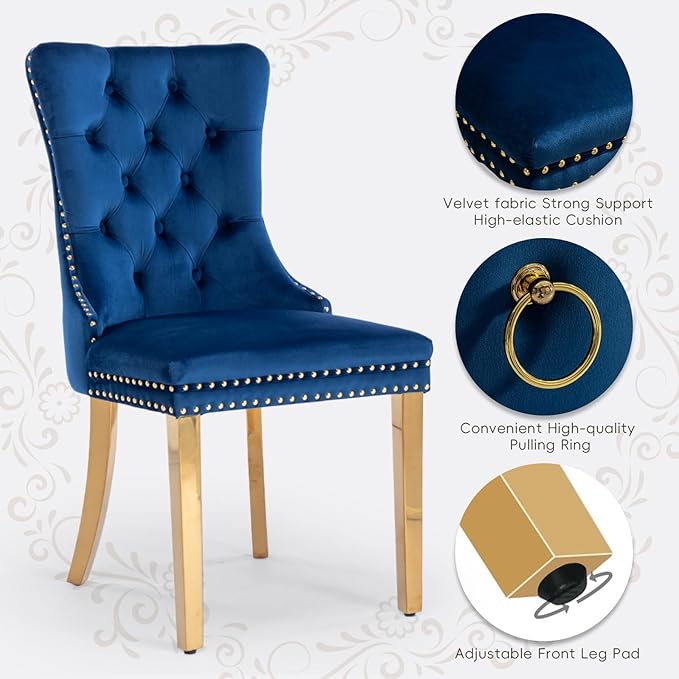 Velvet Upholstered Dining Chairs Set of 2, Modern Style Kitchen Side Chairs w...