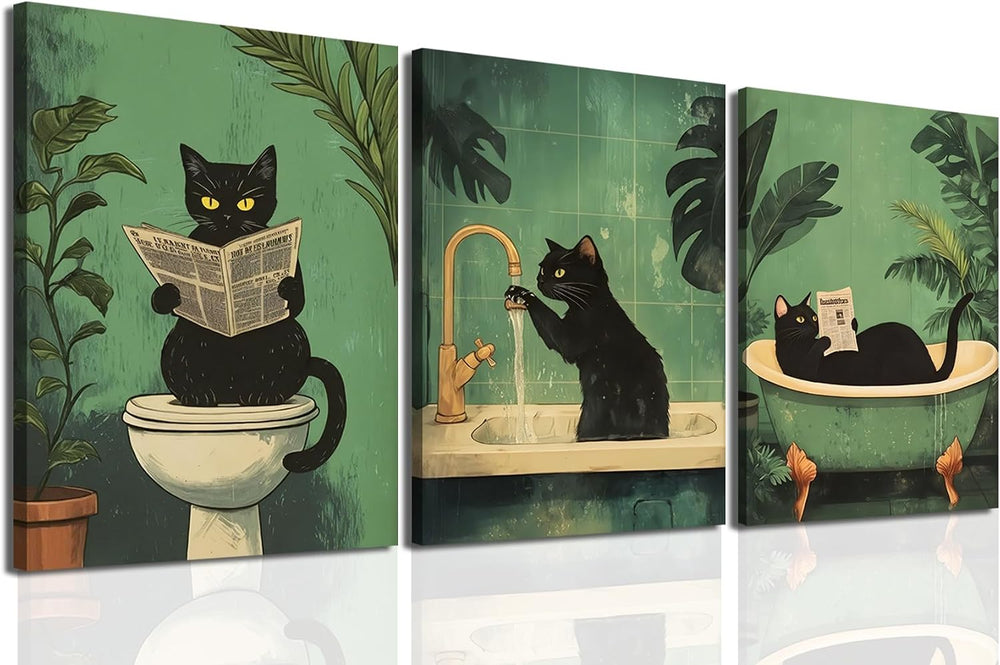 Funny Bathroom Black Cat Wall Art Set of 3, Whimsical Animal Bathroom Wall De...