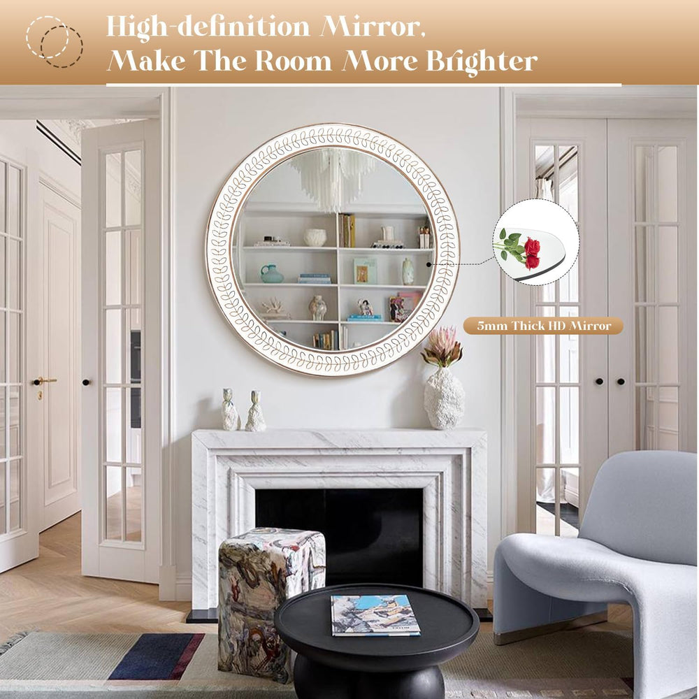 26 inch Round Mirrors for Wall Wood Circle Mirror with Carved Frame Rustic Ac...