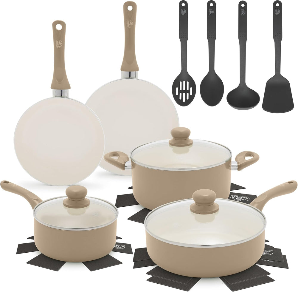 GreenLife 16-Piece Nonstick Cookware Set, Non-Toxic Ceramic Pots and Pans Set