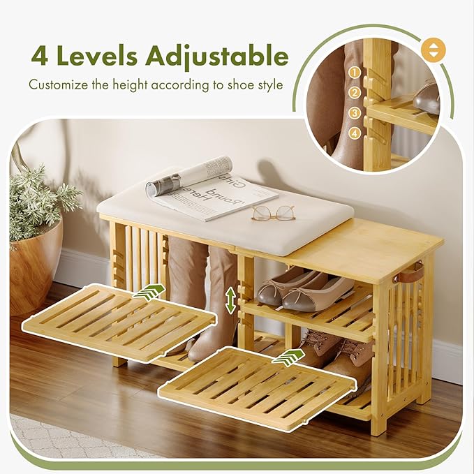 Amazer Bamboo Shoe Rack Bench, 3-Tier Shoe Bench Height Adjustable, Entry Ben...