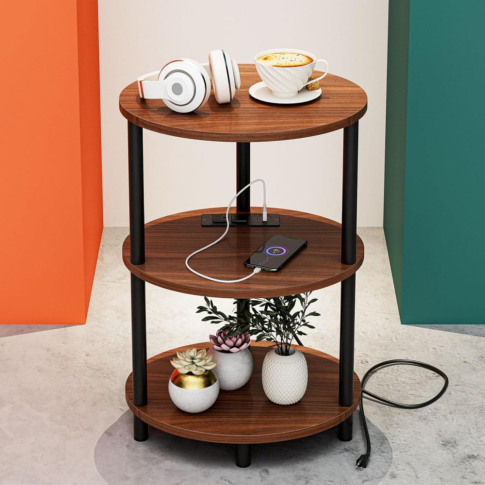 Small Round Side Table - 3-Tier Oval Accent Table for Small Spaces, Rustic Wo...