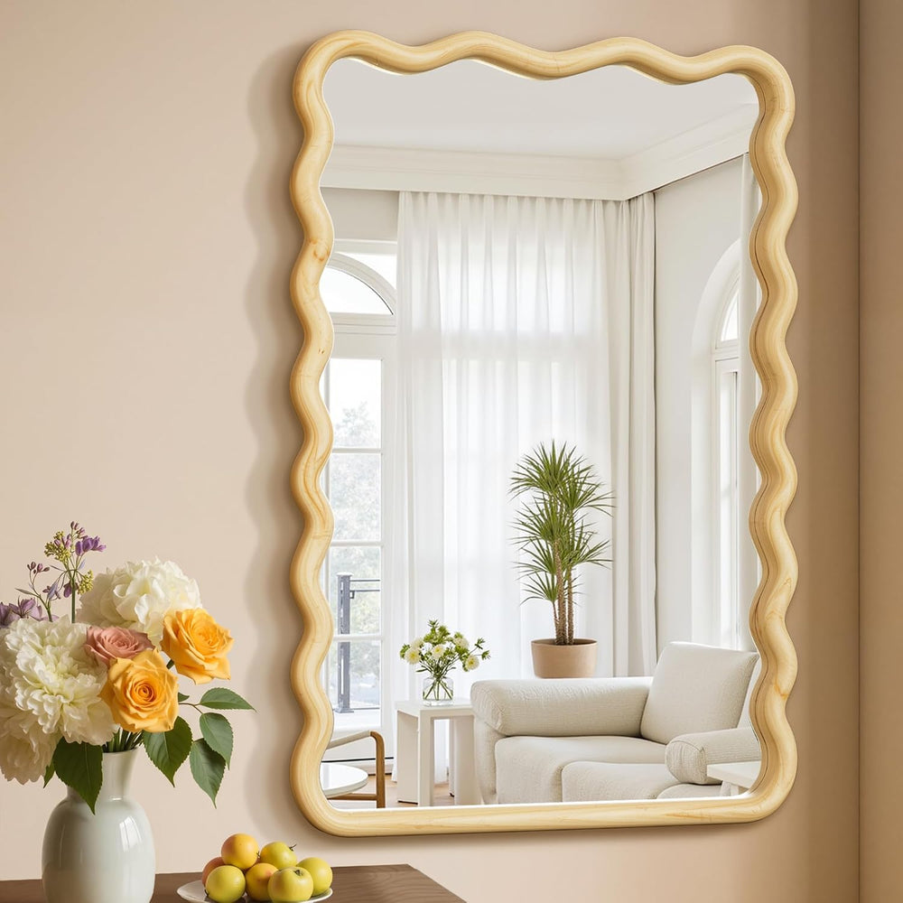Wavy Wood Bathroom Vanity Mirror, 24"x36" Boho Decorative Wall Mirror