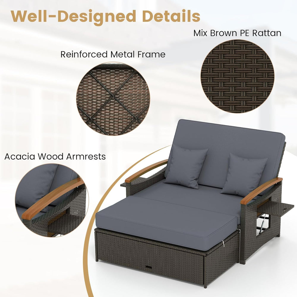 Tangkula Patio Rattan Daybed, Outdoor Wicker Loveseat, Grey & Brown