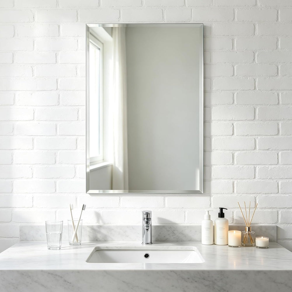 Frameless Wall Mirror Beveled Edge 28” x 20“ Bathroom Mirror for Over Sink
