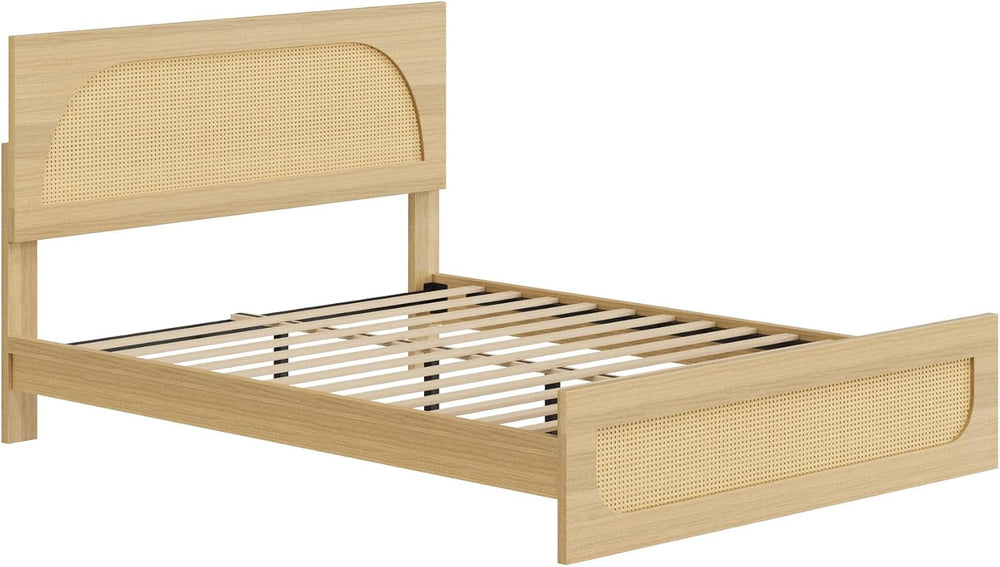 KISLOT Boho Rattan Bed Frame, Farmhouse Platform, Natural, Queen