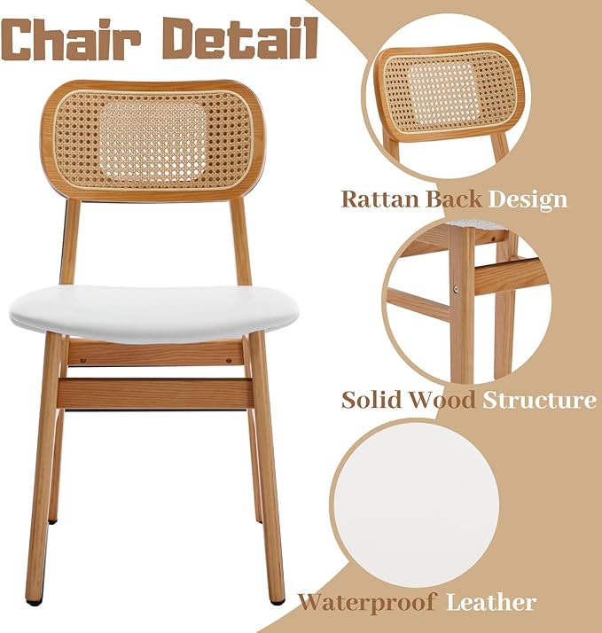 Rattan Dining Chairs Set of 4 White Faux Leather Dining Room Chairs Natural W...