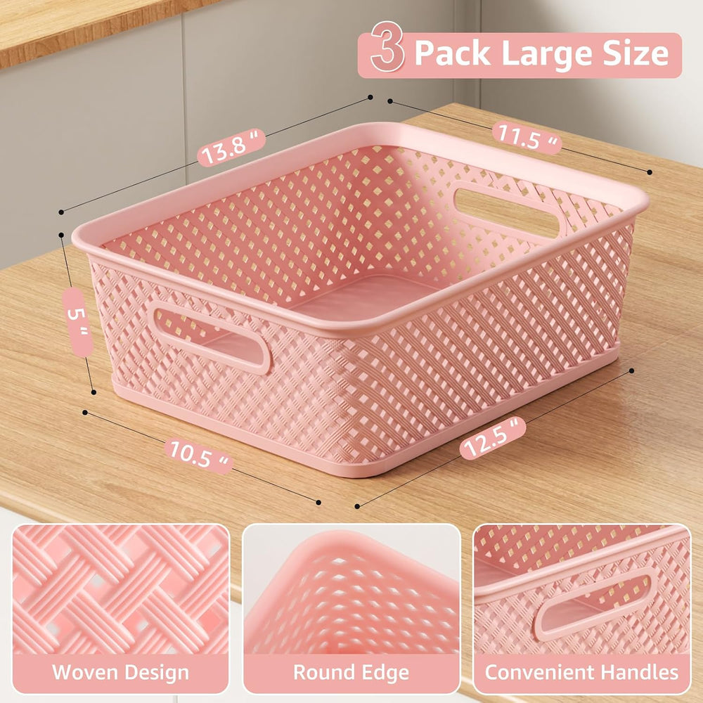 MaxGear 3 Pack Plastic Storage Baskets, Large, Pink