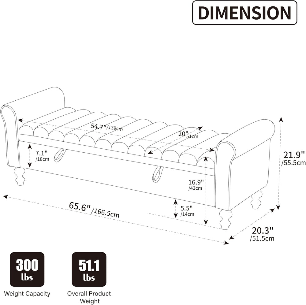 KEIKI 65.6" Modern Upholstered Storage Bench with Double Lids, Ottoman w...