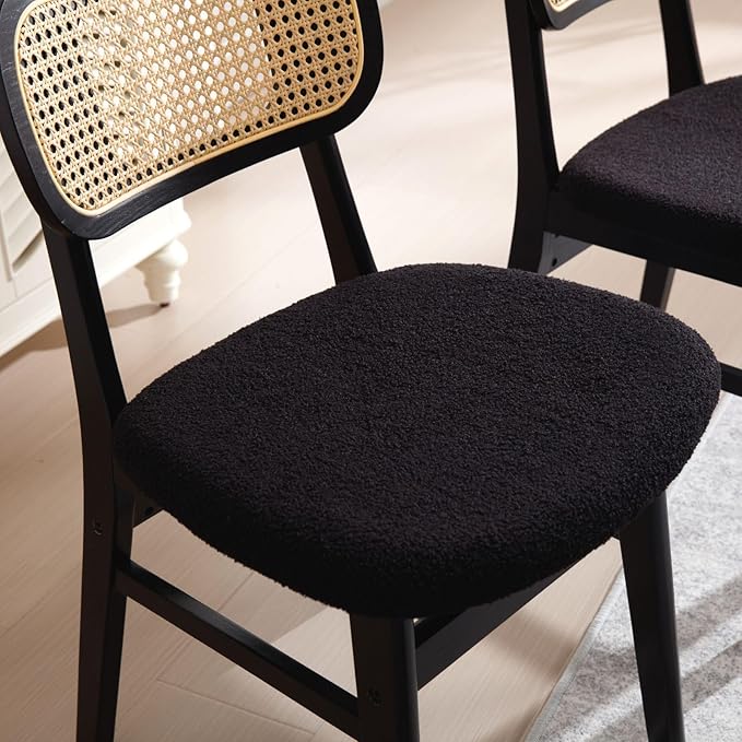 Black Rattan Dining Chairs Set of 4 Lambswool Dining Room Chairs Natural Wood...