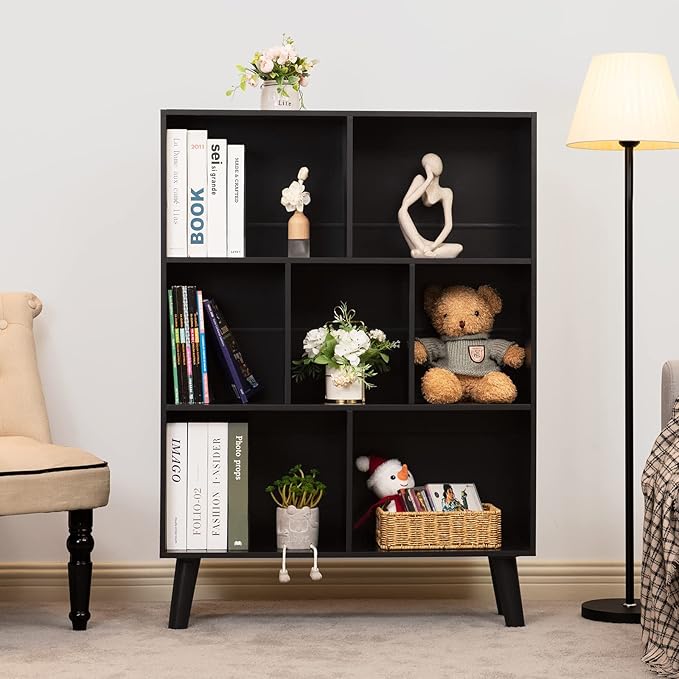 YAHARBO Black Bookshelf,3 Tier Modern Bookcase with Legs,Bookshelves Wood Sto...