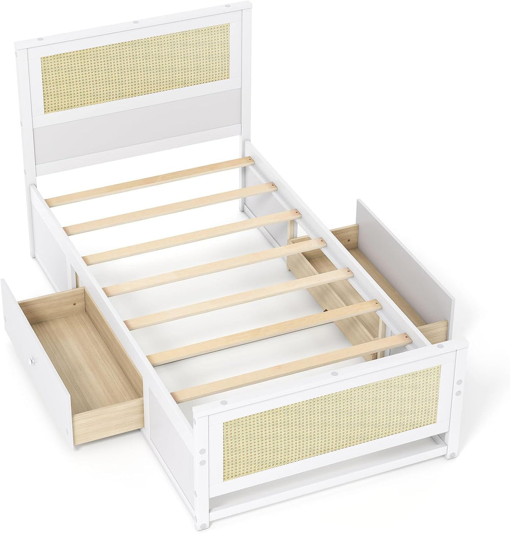 KOMFOTT Twin Rattan Bed Frame with 2 Storage Drawers, Boho Wooden Platform Be...