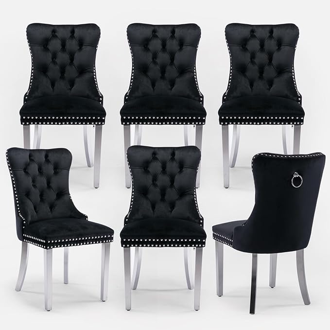 Velvet Upholstered Dining Chairs Set of 6, Modern Style Kitchen Side Chairs w...