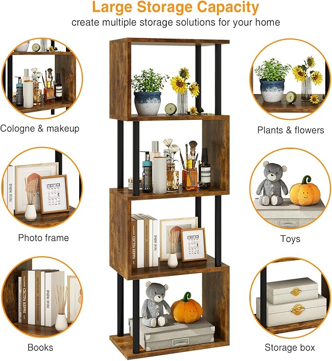 IBUYKE 5-Tier Tall Bookshelf,S-Shaped Geometric Bookcase, Wood Display Shelve...