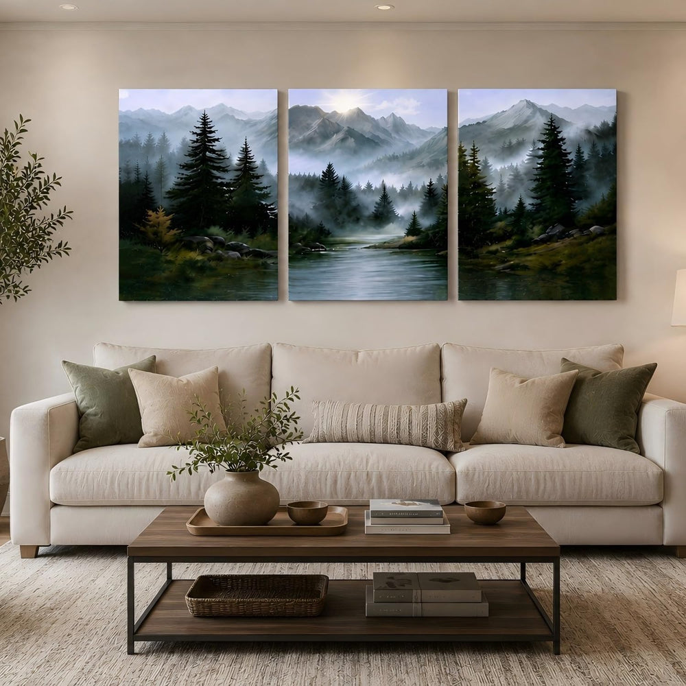 Mountain Wall Art Set of 3, foggy mountain Forest Nature Landscape Canvas