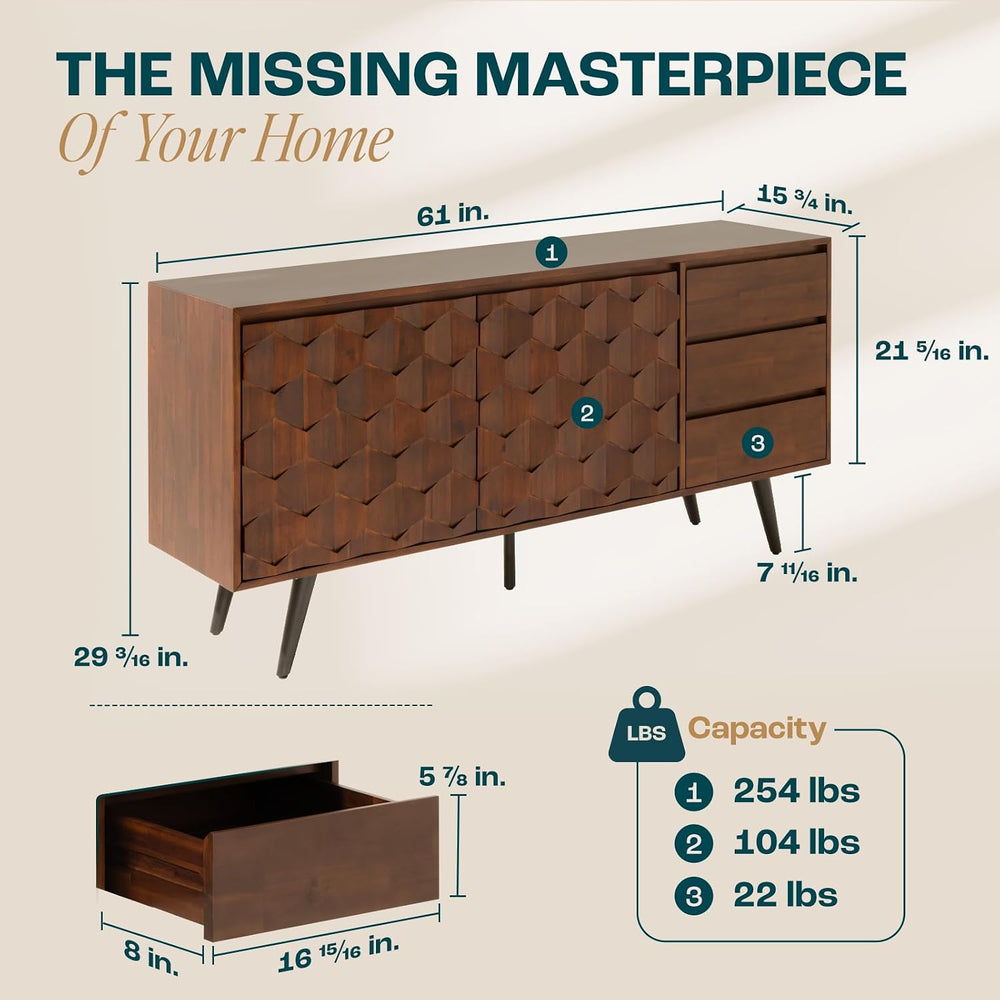 Bme Sideboard Georgina Solid Wood 2 Doors & 3 Drawers, 61'' Mid C...
