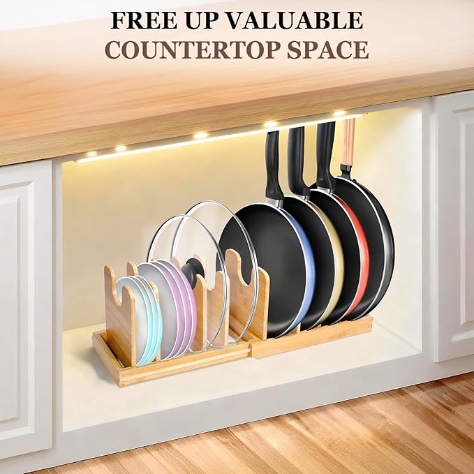 Bamboo Pot Lid Organizer, Pots and Pans Organizer Inside Cabinet, Pot Lids