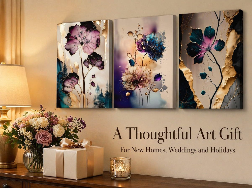 BVVEYKXX Abstract Floral Canvas Wall Art, Purple Gold Fluid Flower Prints