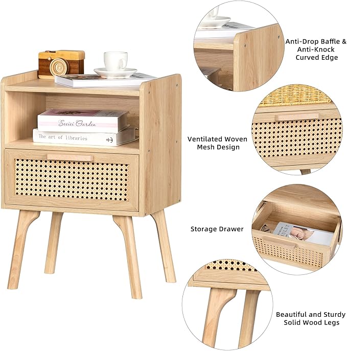 Lerliuo Rattan Nightstands Set of 2, Boho Side Table with Drawer Open Shelf, ...