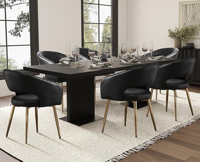 Faux Leather Dining Chairs Gold Legs, Modern Black PU Leather Dining Room Cha...