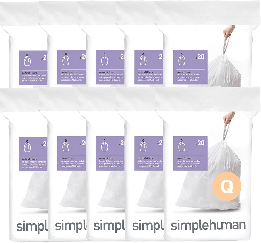 simplehuman Code Q 200 Count Custom Fit Liners, Drawstring Kitchen Trash Bags
