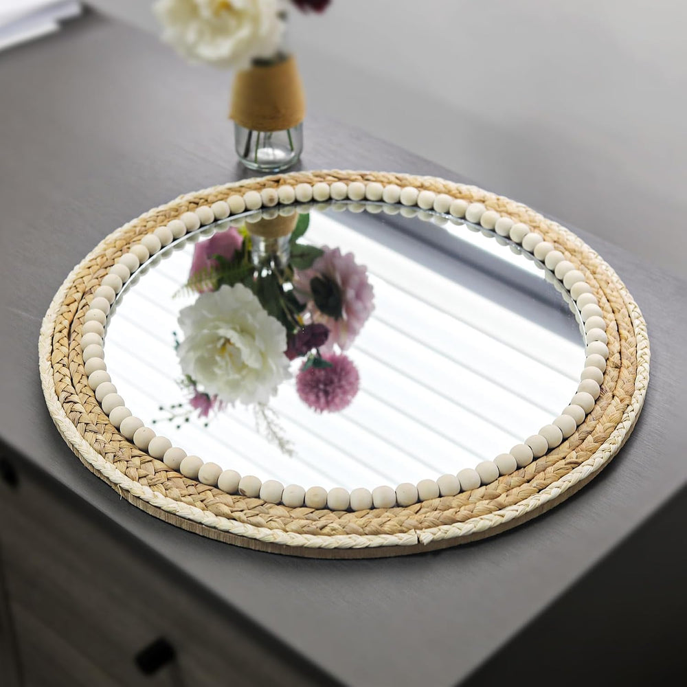 18 Inch Boho Round Hanging Wall Mirror Decorative Rattan Circle Mirrors for F...
