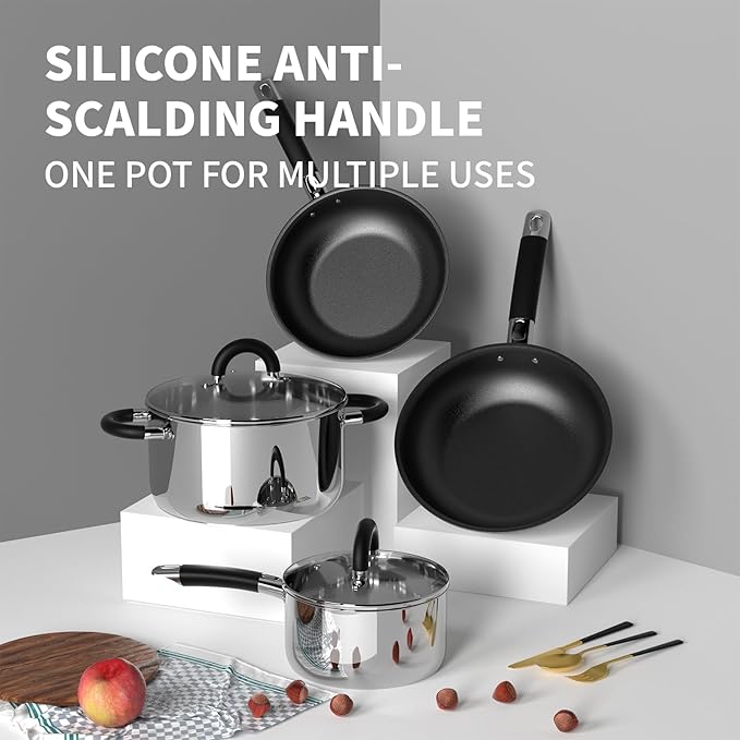 Pots and Pans Set Non Stick, 5 Ply Stainless Steel Cookware Set of 6, 2.8QT