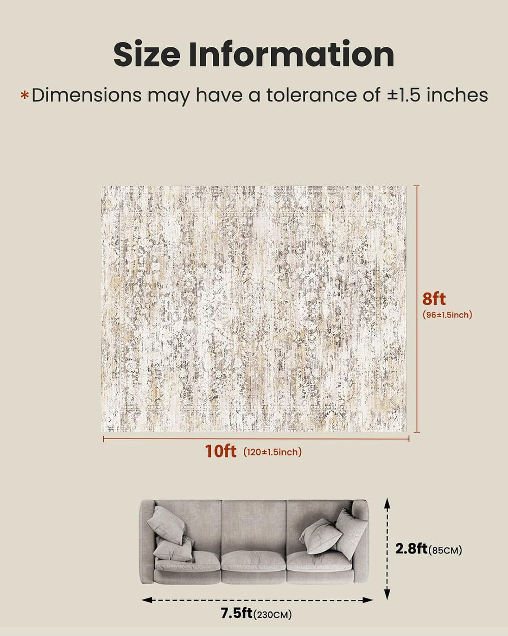 Amada 8x10 Washable Area Rug for Living Room, Beige, Vintage & Abstract