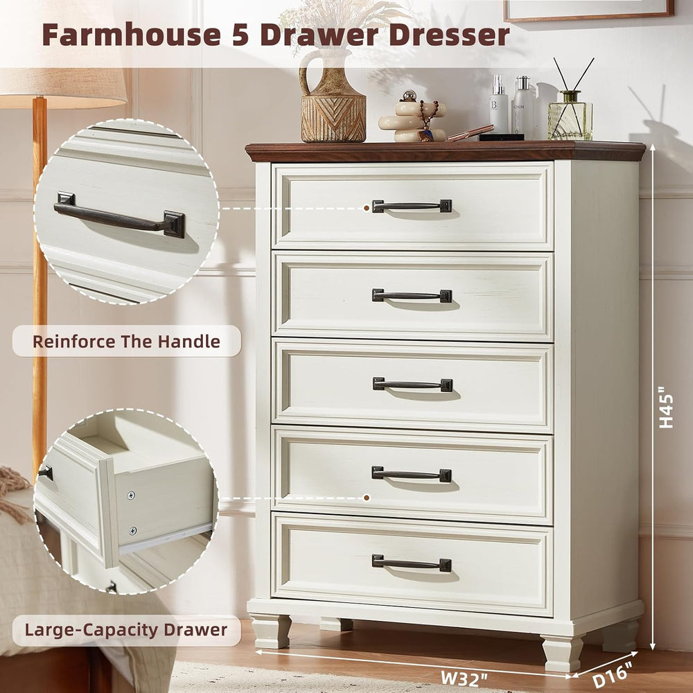 Farmhouse 5 Drawer Dresser for Bedroom, White