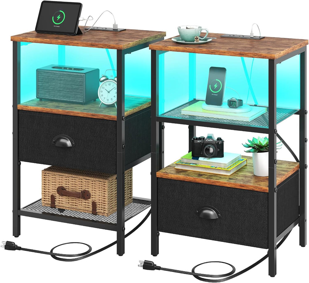 Sthmec Nightstands Set of 2, LED Bedside Tables with Charging Station and Fab...