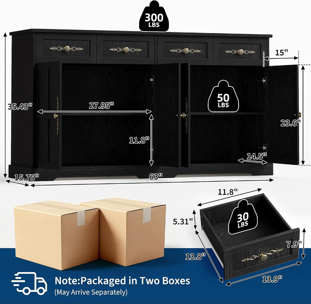 Garvee 60" W Sideboard Buffet Cabinet with Storage, Kitchen Cabinet, Black